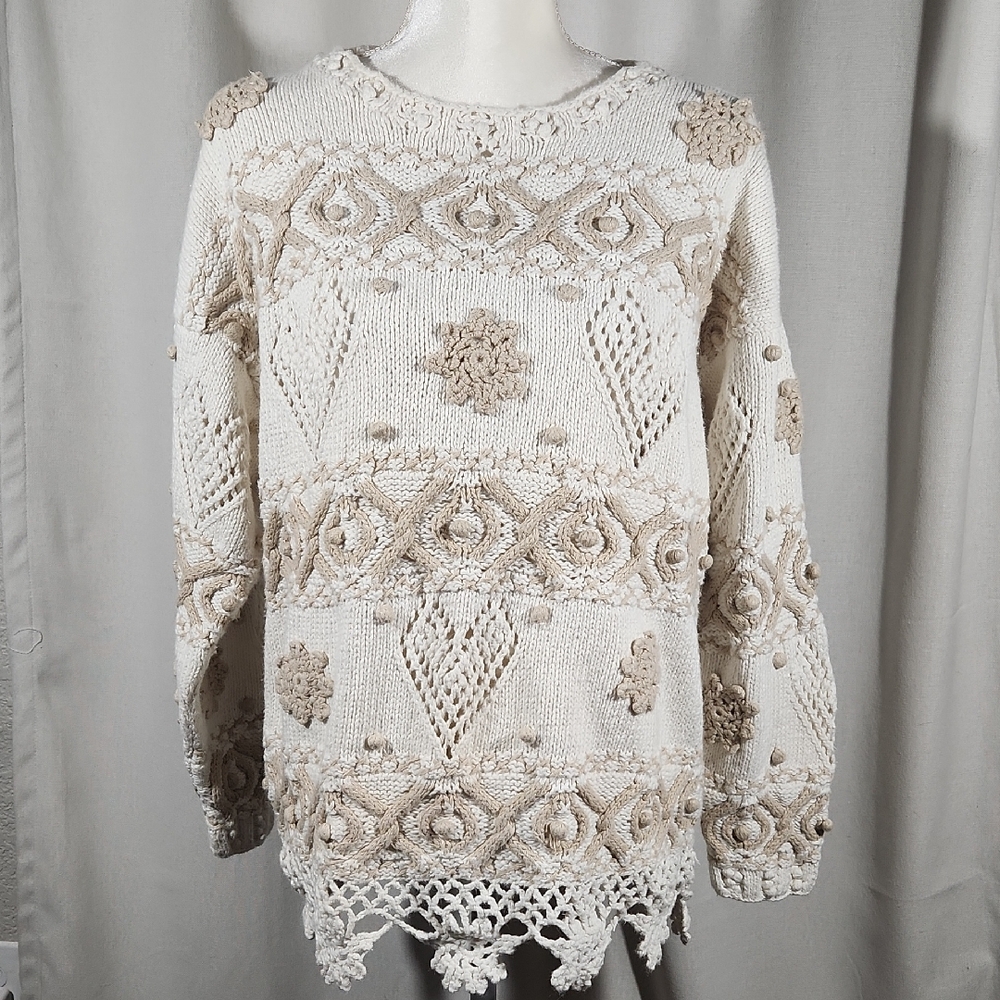 90s EXPRESS handknit sweater M/L vintage crochet heart textured cable knit tunic